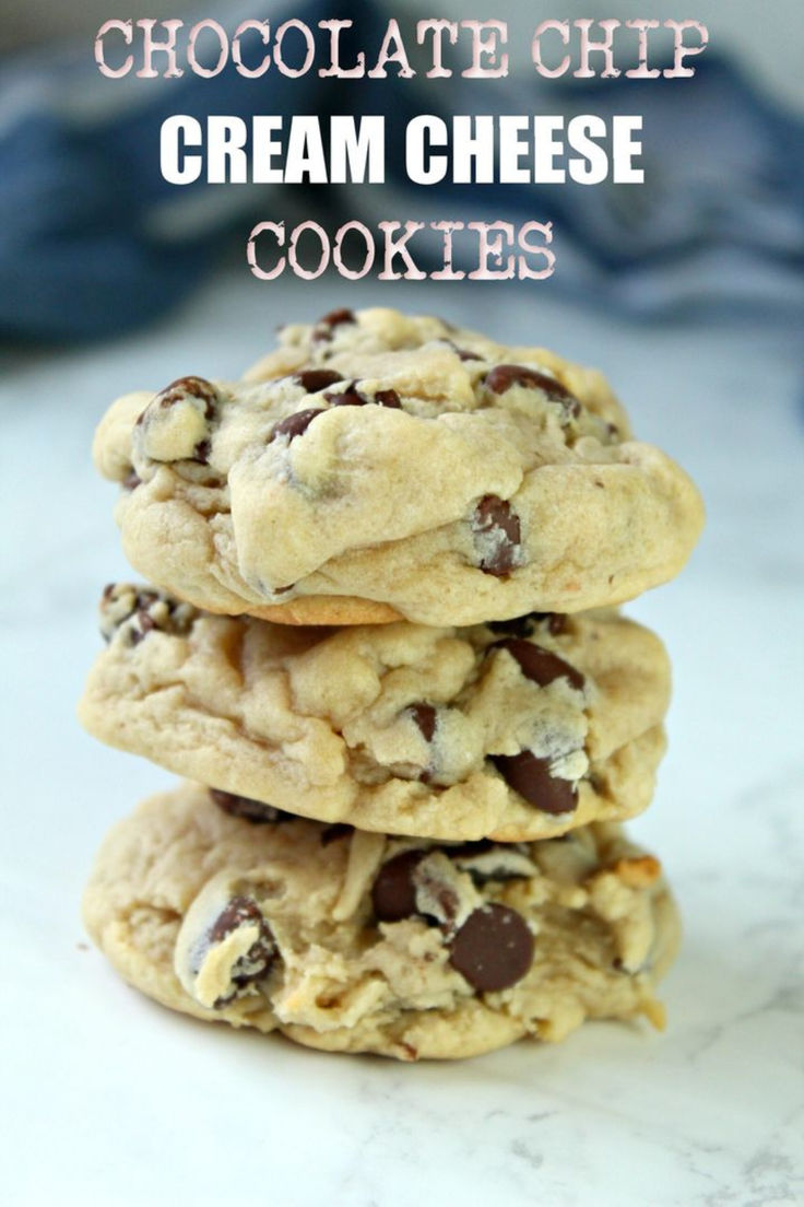 chocolate chip cream cheese cookies stacked on top of each other with the title above it