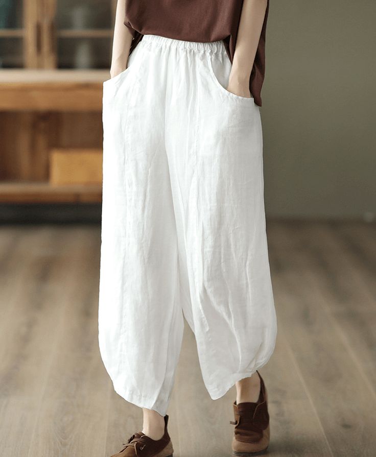 Gender: Women Item Type: Harem Pants Material: 100% Ramie Season: Summer Style: Casual, Loose Waist Type: Natural & Elastic Waist One Size Length: 84 cm/ 33.07 " Waist: 66- 100 cm/ 25.98- 39.37 " Hip: 122 cm/ 48.03 " Thigh: 80 cm/ 31.50 " White High-waisted Relaxed Fit Harem Pants, Baggy Pants With Hip Pockets For Spring, White Wide-leg Pants With Pockets, White Ankle-length Pants With Pockets, White Harem Pants With Pockets For Spring, Non-stretch White Cotton Bottoms, White Wide-leg Bottoms With Hip Pockets, White Wide Leg Bottoms With Hip Pockets, White Straight Pants With Hip Pockets