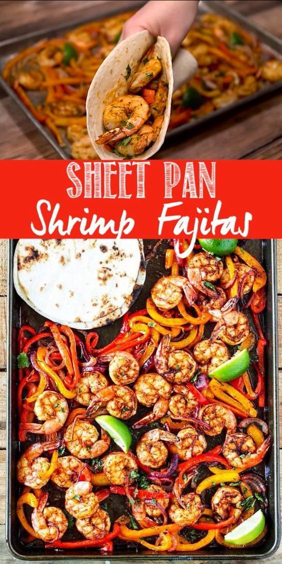 sheet pan shrimp fajitas with text overlay