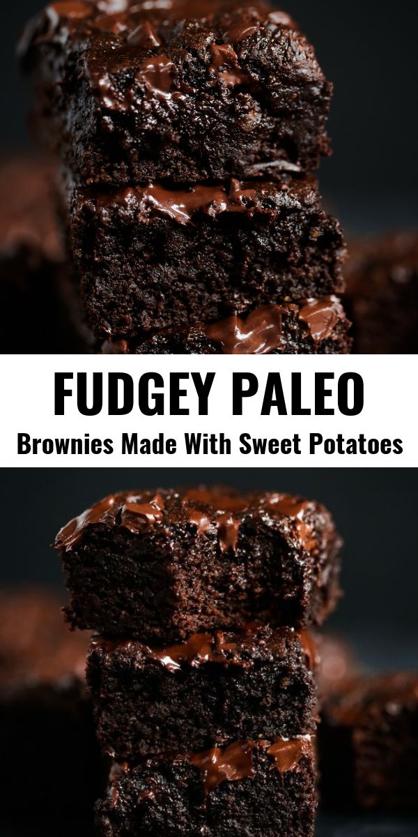 chocolate fudgey paleo brownies made with sweet potatoes are stacked on top of each other