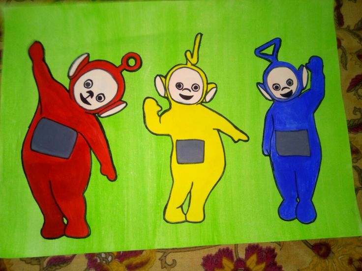 three cartoon characters painted on a green background