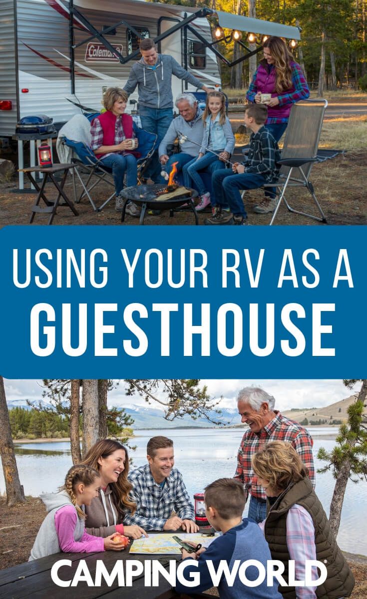 a group of people sitting around a camper with the words using your rv as a guesthouse