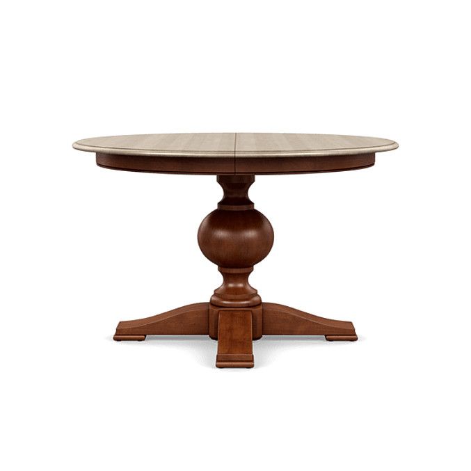 a round wooden table with two pedestals on each side and a marble top, against a white background