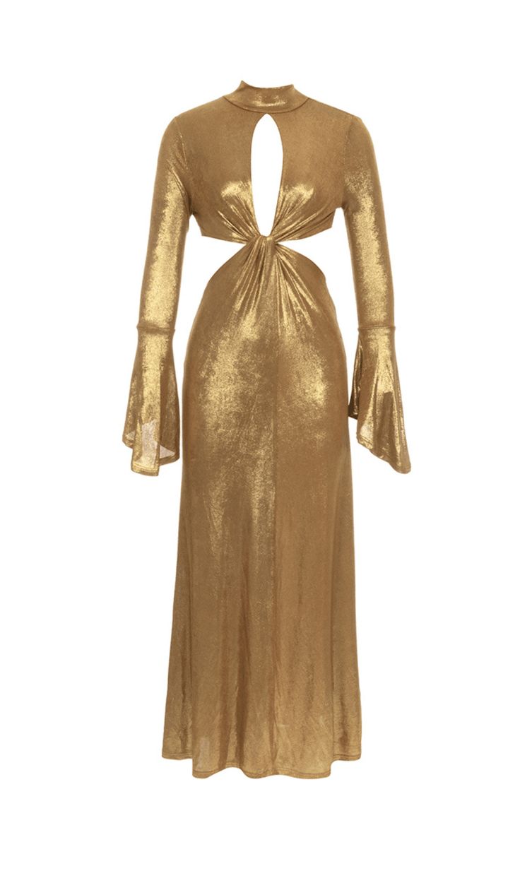 TRUMPET LONG-SLEEVE LOW-CUT CUTOUT GOLD MAXI DRESS Glamorous Gold Maxi Dress, Chic Bell Sleeve Maxi Dress For Party, Gold Maxi Dress For Night Out, Gold Maxi Dress For Party Season, Gold V-neck Maxi Dress For Gala, Chic Gold Long Sleeve Maxi Dress, Glamorous Gold V-neck Maxi Dress, Gold Maxi Dress For Spring, Gold V-neck Maxi Dress For Evening