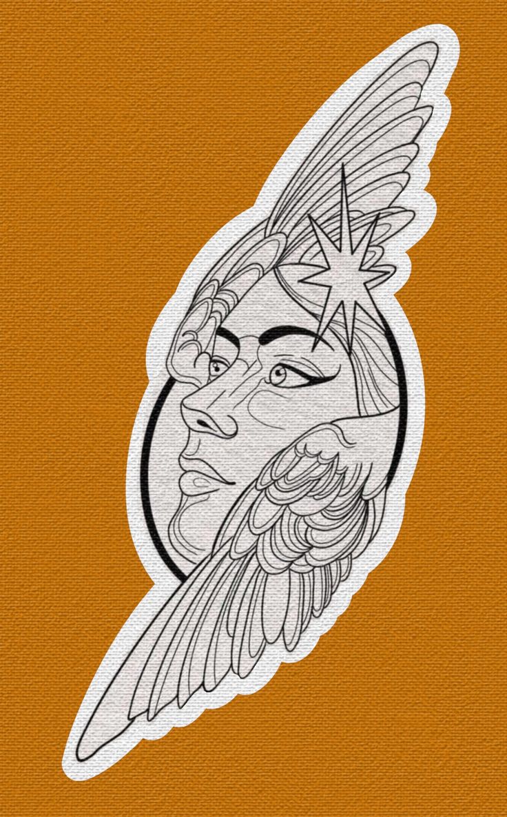 a drawing of a woman's face with wings