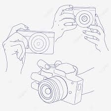 two hands holding up a camera and taking pictures with the other hand, line drawing