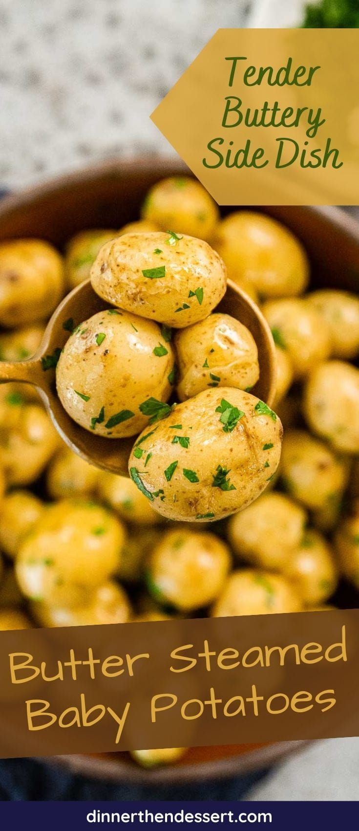 a spoon full of butter steamed baby potatoes with text overlay that reads tender buttery side dish