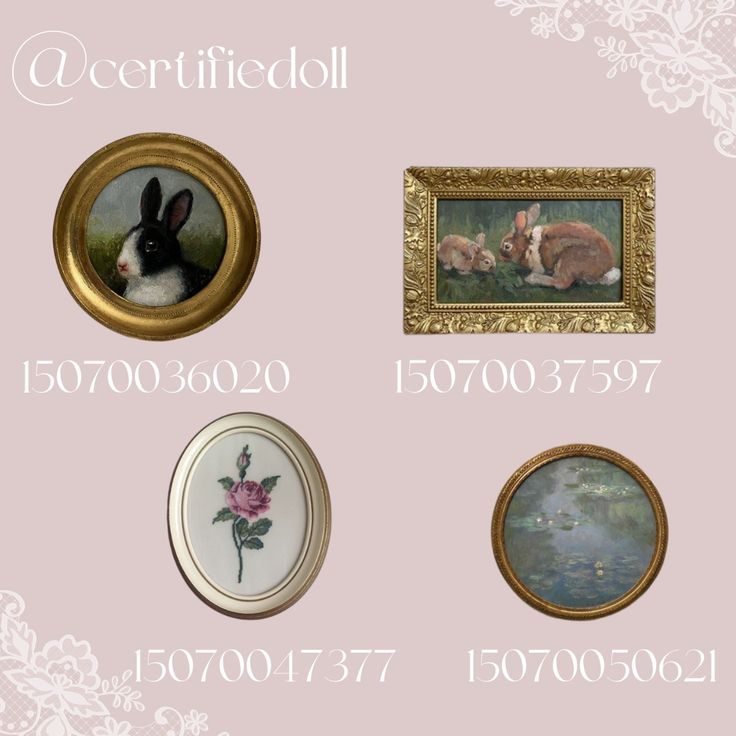 four framed pictures with animals and flowers on them in different sizes, from one to the other