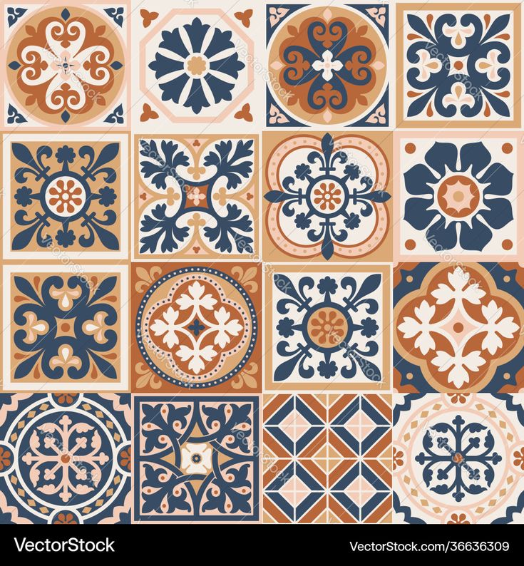 an assortment of decorative tiles in different colors and patterns, including blue, red, orange and