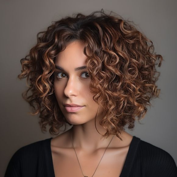 Angled Cut with Voluminous Curls Caucasian Curly Hairstyles, Curly Hair Angled Bob, Shorter Curly Hairstyles, Type 2c Curly Hair Hairstyles, Curly Hair Cuts Short Layers, Curly Italian Bob, Shoulder Length Natural Curly Hair, Curly Mid Length Hairstyles, Short Curly Balayage Hair