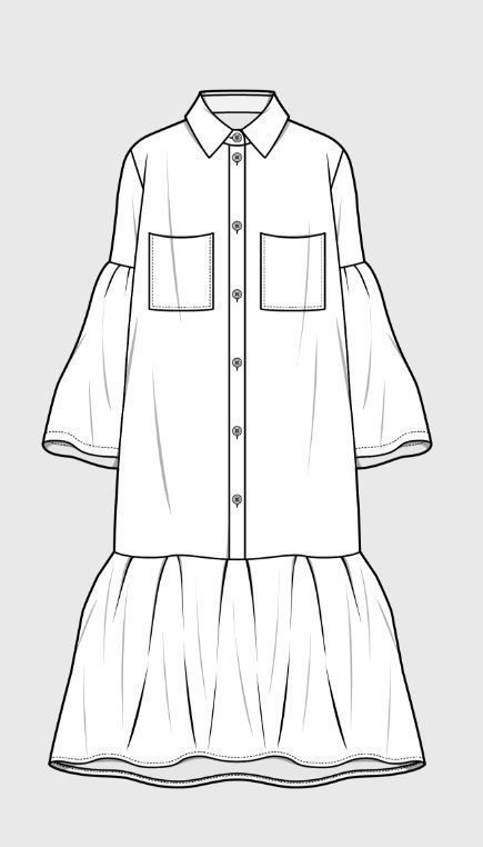 a drawing of a dress with long sleeves and a frilled skirt on the bottom