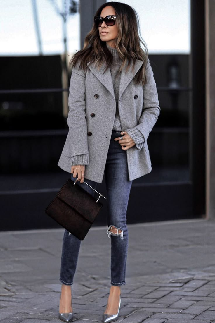 Grey Peacoat Womens Outfit, Outfits With Peacoats, Gray Peacoat Outfit, Grey Peacoat Outfit, Gray Outfits For Women, Peacoat Outfits, Peacoat Womens Outfit, Women Peacoat, Grey Coat Outfit