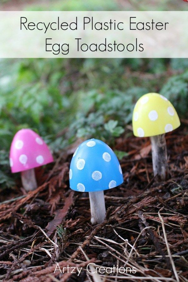 three colorful mushrooms sitting on the ground with text overlay that reads recycled plastic easter egg toad