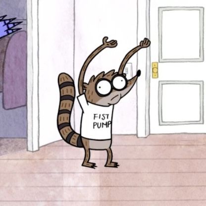 a cartoon raccoon is standing in front of a door and pointing at something