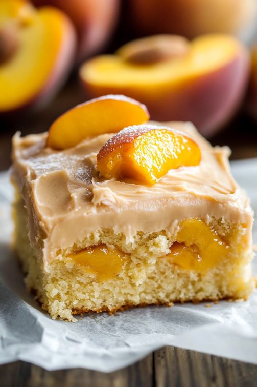 a piece of cake with frosting and peaches on top