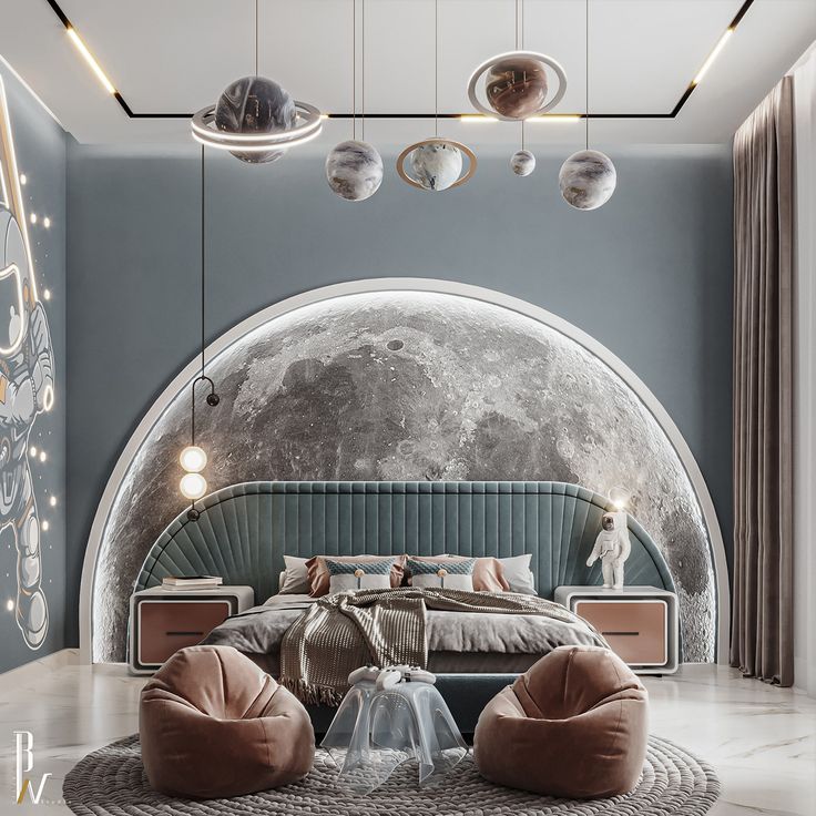 a large bed sitting in the middle of a bedroom next to two round lights hanging from the ceiling