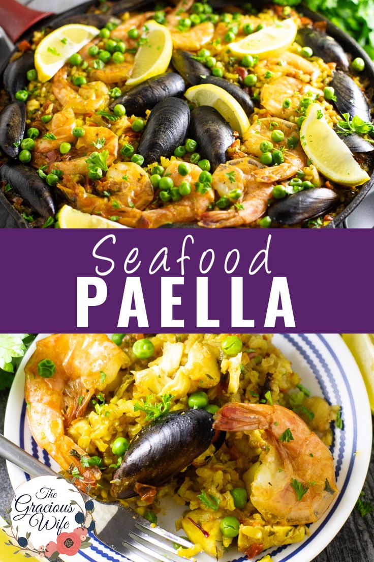 seafood paella with peas and lemons in a skillet