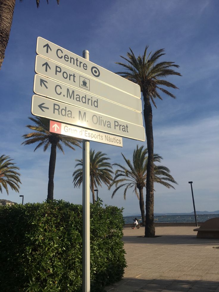 a street sign on the side of a road next to palm trees