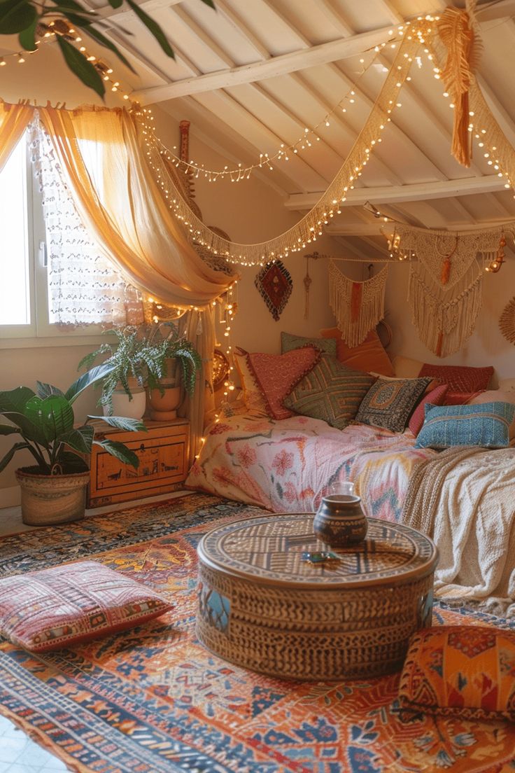 a bed room with lots of pillows and lights