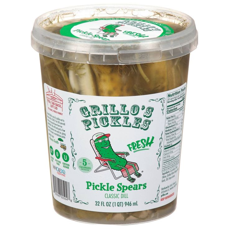 pickle spears in a plastic container on a white background with the label pulled's pickles fresh