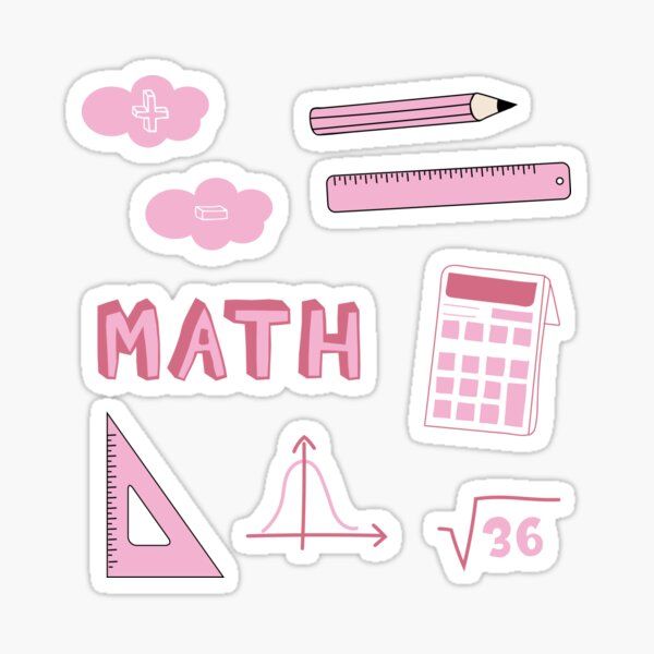 pink stickers with the words math written on them and various school supplies around it