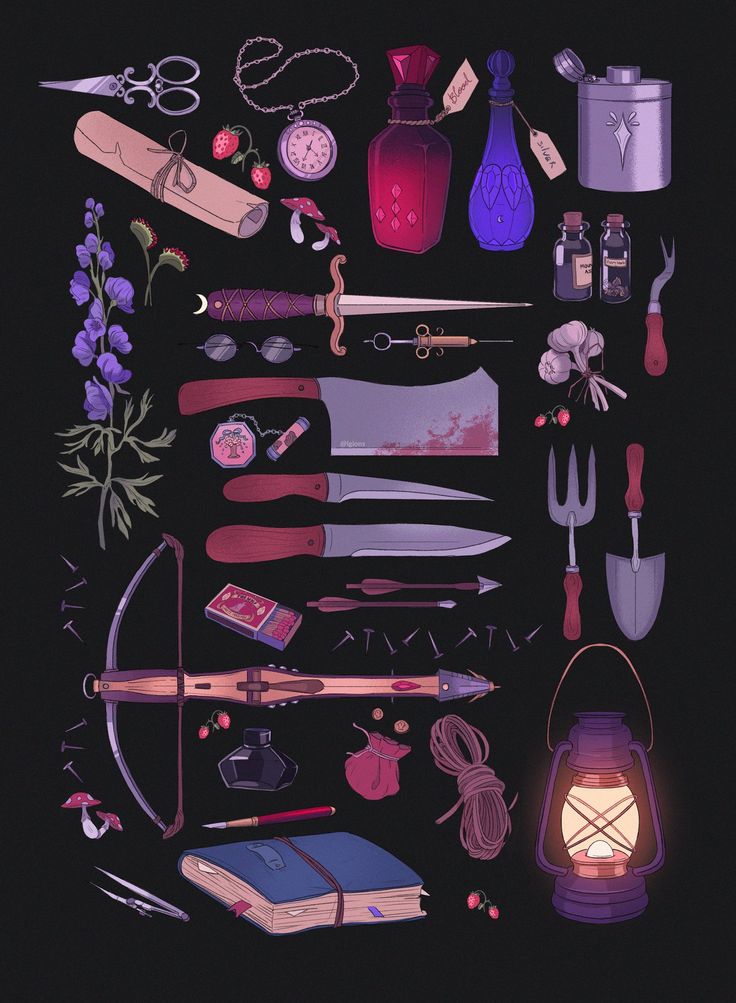 an assortment of different items are shown on a black background, including scissors, candles and other objects