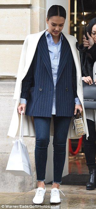 Smart: Alba topped the look with an oversized pin-striped blazer as she shoulder robed a s... Blazer With Striped Shirt, Blue Pinstripe Blazer Outfit Women, Striped Jacket Outfit Blazers, Blazer Over Shoulders Outfit, Black Pin Stripe Blazer Outfit, Oversized Pinstripe Blazer Outfit, Pin Stripe Outfit, Blazer And Coat Outfit, Blue Striped Blazer Outfit