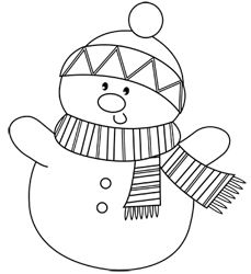 a black and white drawing of a snowman wearing a hat, scarf and mittens