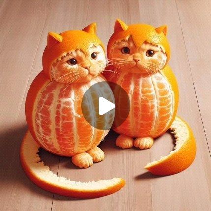 two orange cats sitting on top of an orange slice with one cut in half and the other laying down