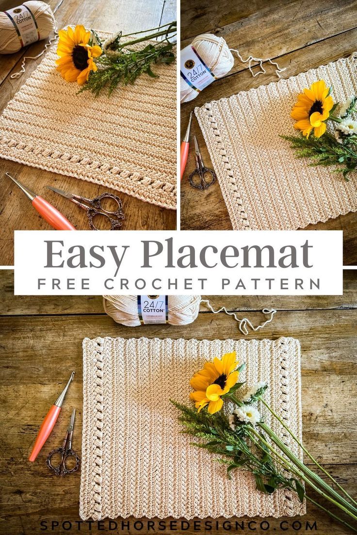 crochet placemat with sunflowers and needles