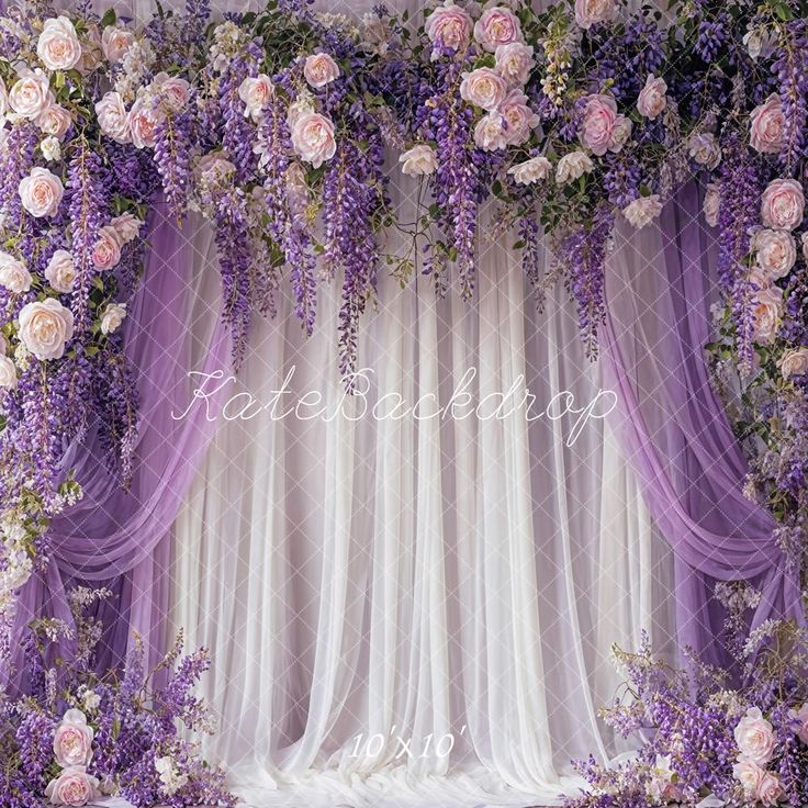 purple and white floral backdrop with sheer drapes