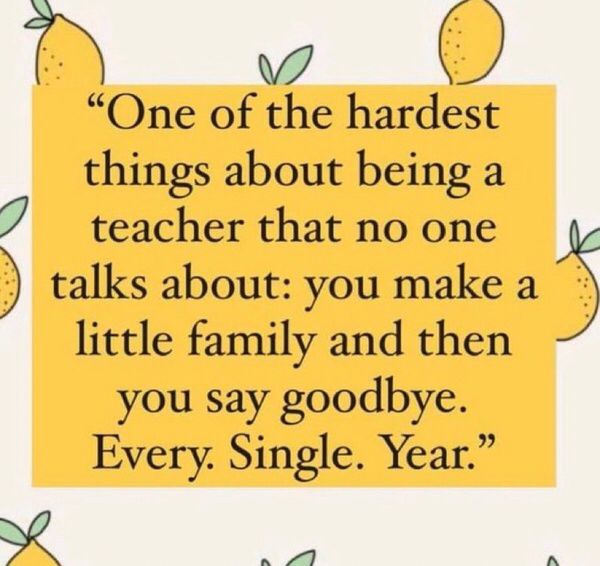 a quote with lemons on it saying one of the hardest things about being a teacher that no one talks about you make a little family and then you say goodbye