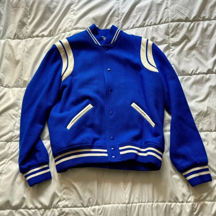 Saint Laurent Teddy Jacket Blue New Condition Women Size S Blue Sporty Varsity Jacket For Winter, Sporty Blue Outerwear With Ribbed Cuffs, Blue Sporty Outerwear With Ribbed Cuffs, Blue Varsity Outerwear With Ribbed Cuffs, Blue Varsity Outerwear For Streetwear, Blue Varsity Jacket For Spring Streetwear, Blue College Outerwear With Ribbed Cuffs, Blue Outerwear With Ribbed Cuffs For College, College Blue Varsity Jacket With Ribbed Cuffs