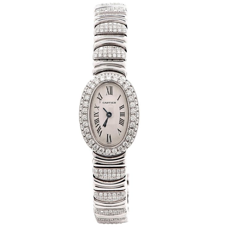 Cartier ladies watch with diamonds set on the bezel and bracelet. Size 6 wrist with deployment buckle. Quartz. Watch face measures 24mm by 18mm. Cartier Watches Women, Mini Bracelet, Cartier Watch, Girls Watches, Classy Jewelry, Watches Unique, Jewelry Lookbook, Looks Chic, Girly Jewelry