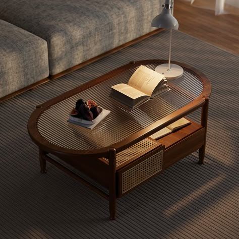 a coffee table with an open book on it