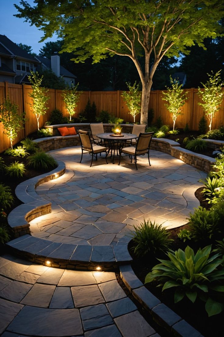 an outdoor patio with lights and seating area in the middle of it, surrounded by greenery