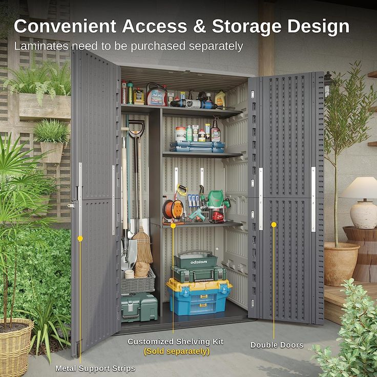 an open storage cabinet with tools and other items in it, labeled convenient access & storage design