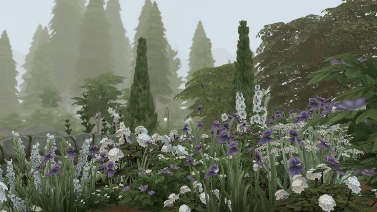 an image of a garden scene with flowers and trees in the background on a foggy day