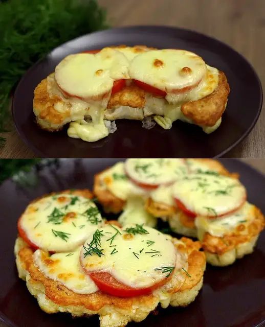 two pictures of food with cheese and tomatoes on them