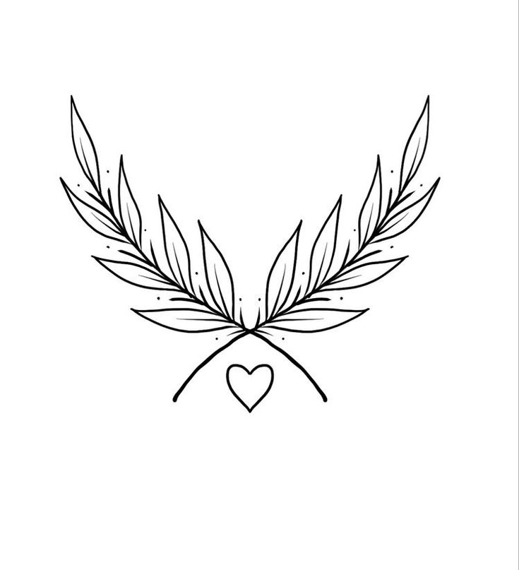 a black and white drawing of leaves with a heart