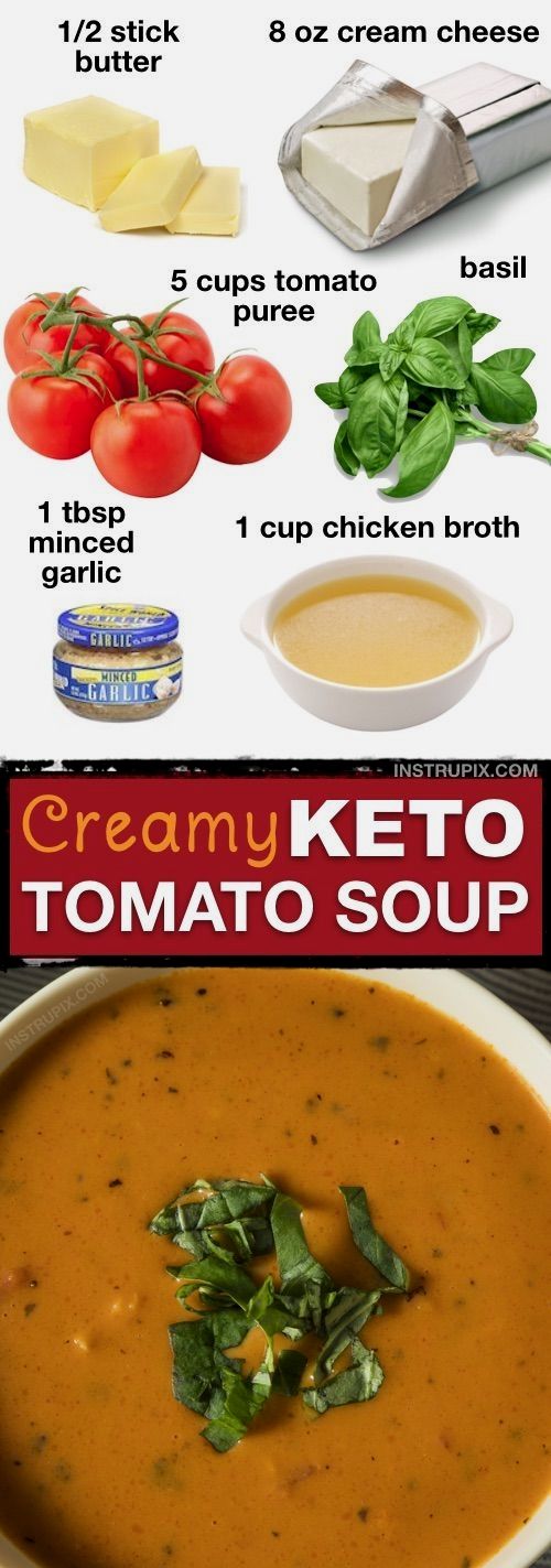 the ingredients for creamy keto tomato soup are shown in this graphic above and below