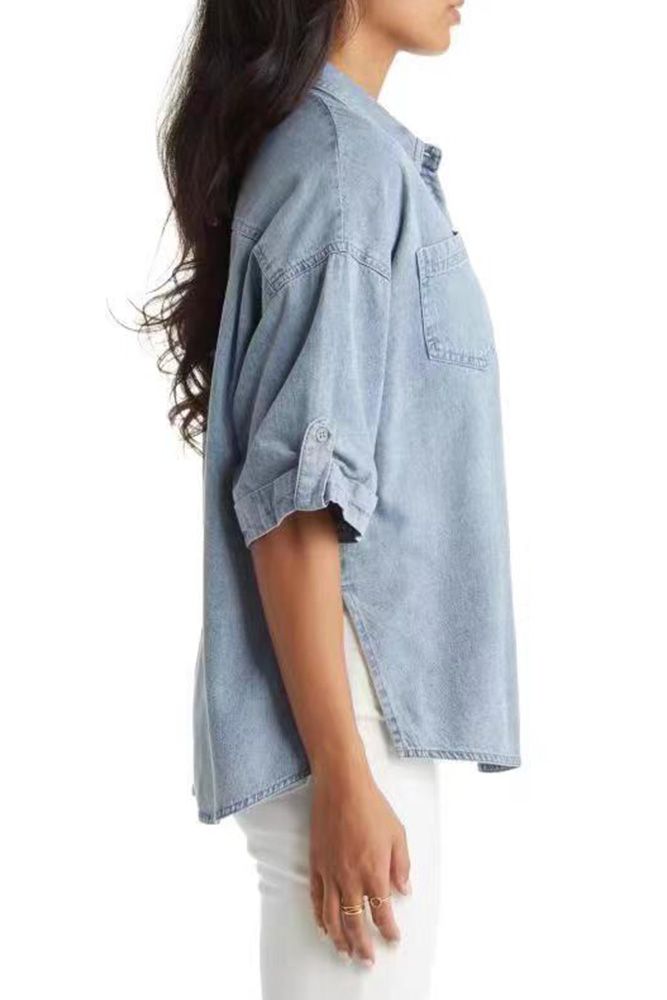 Washed Blue Open Button Short Sleeves Denim Shirt Short Sleeve Denim Shirt, Denim Pattern, Sleeves Style, Casual Shirt Women, Denim Patterns, Spring Shirts, Distressed Denim Shorts, Casual Denim, Denim Top