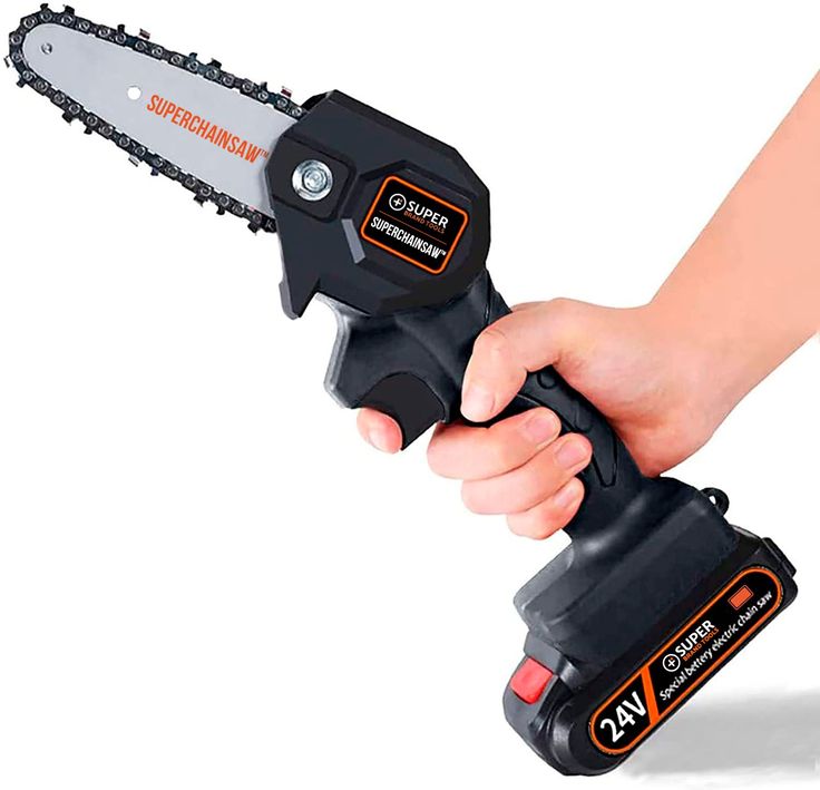 a person holding a chainsaw in their hand with the cordless tool attached to it