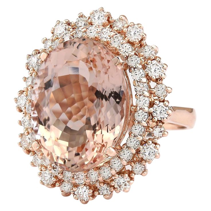 Stamped: 14K Rose Gold Total Ring Weight: 10.0 Grams Ring Length: N/ARing Width: N/A Gemstone Weight: Total Natural Morganite Weight is 11.45 Carat (Measures: 17.22x12.75 mm) Color: Peach Diamond Weight: Total Natural Diamond Weight is 1.40 Carat Quantity: 53 Color: F-G, Clarity: VS2-SI1 Face Measures: 20.80x16.90 mm Sku: [703518W] Exquisite Rose Gold Rings For Formal Occasions, Formal Rose Gold Morganite Diamond Ring, Luxury Rose Gold Cluster Ring With Gemstone, Luxury 14k Rose Gold Halo Setting Rings, Luxury 14k Rose Gold Rings With Halo Setting, Luxury 14k Rose Gold Oval Rings, Luxury Rose Gold Morganite Rings, Elegant Gia Certified Rose Gold Diamond Ring, Luxury Rose Gold Diamond Ring With Gemstone