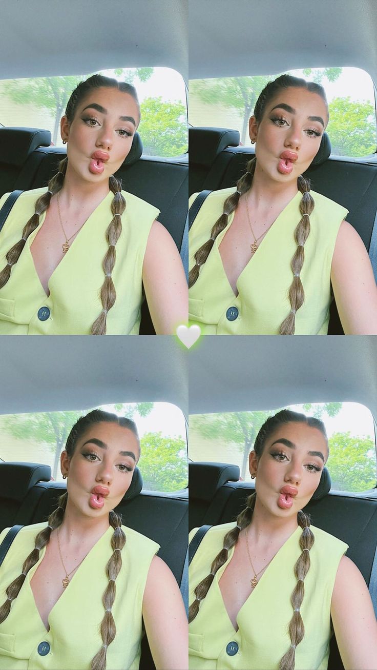 four pictures of a woman with braids in her hair making a funny face while sitting in the back seat of a car