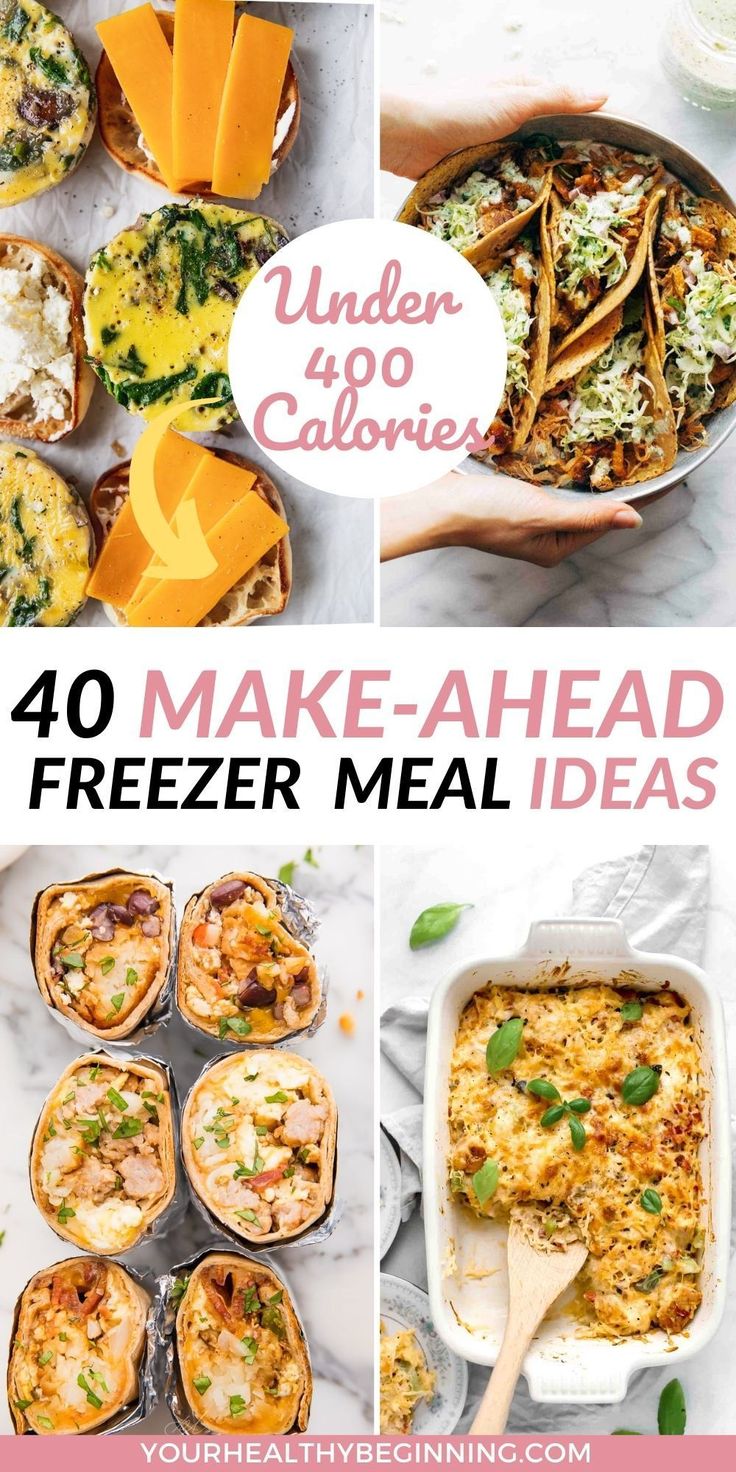 four different images with text that reads 40 make - ahead freezer meal ideas