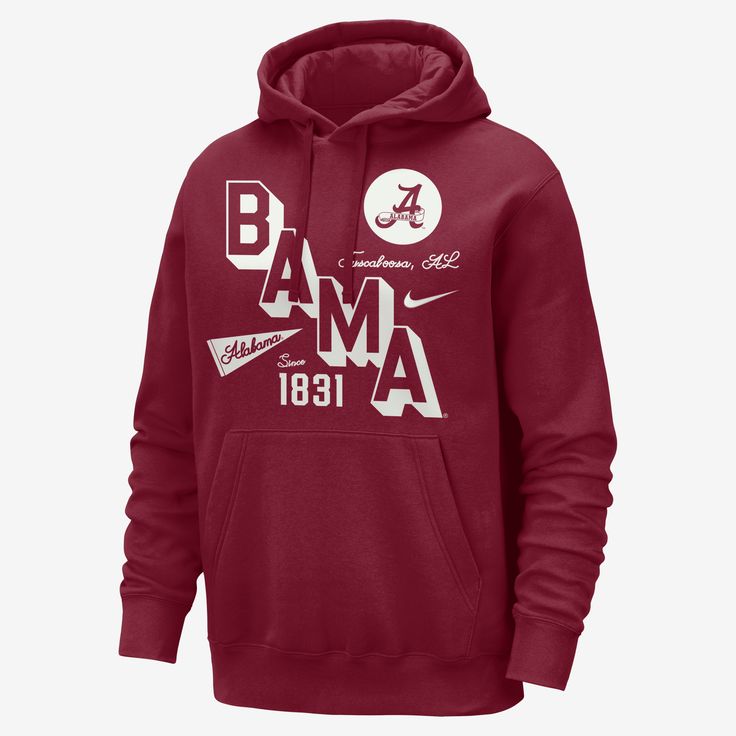 Don't let a little chill come between you and your team. This Alabama hoodie is full of retro Crimson Tide details set upon warm and cozy fleece. Our midweight brushed fleece feels extra soft on the inside and smooth on the outside, helping you stay cozy while keeping its structured shape. Winter Sports Events Fan Apparel Hoodie, Sports Fan Long Sleeve Hoodie For Winter, Nike Hoodie For Sports Events, Winter Fan Apparel Hoodie For Sports Events, Winter Sports Event Fan Apparel Hoodie, Winter Sports Events Fan Hoodie, Nike Hoodie With Team Logo For Winter, Nike Fleece Hoodie With Letter Print, Winter Sports Fleece Sweatshirt