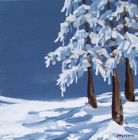 a painting of trees covered in snow on a blue and white background with the sky behind them