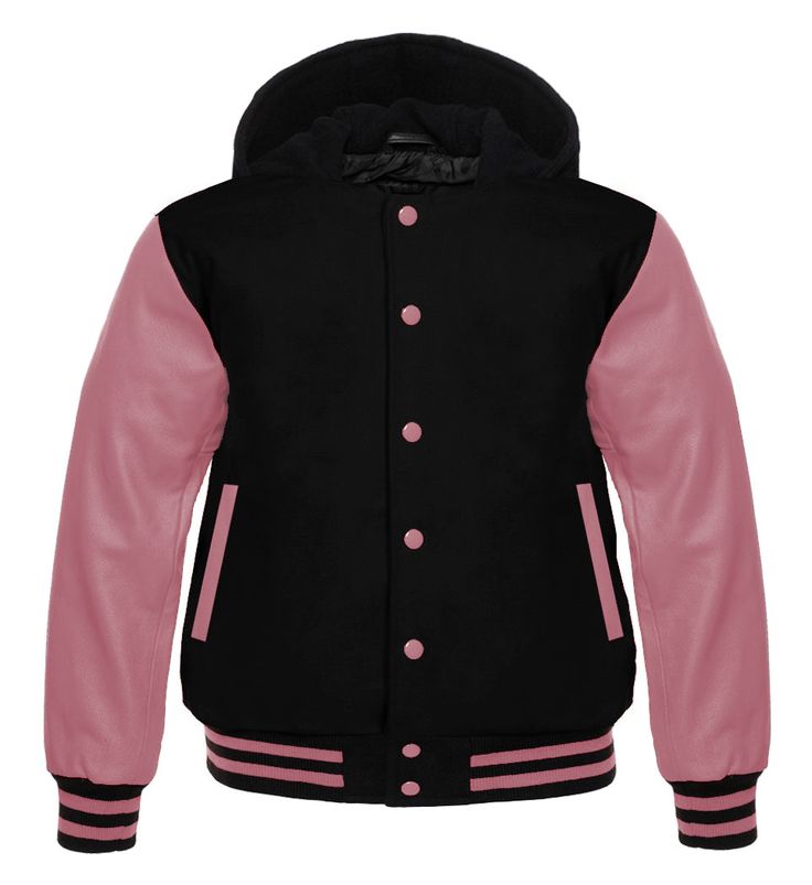 Hooded Varsity Lettermen baseball Jacket Black with Pink Genuine Leather Sleeves Custom Letterman Pink Winter Varsity Jacket, Pink Long Sleeve Varsity Jacket For Winter, Varsity Jacket With Double-lined Hood, Pink Hooded Jacket With Double-lined Hood For Streetwear, Pink Double-lined Hood Outerwear For Streetwear, Pink Outerwear With Double-lined Hood For Streetwear, Pink Hooded Outerwear With Adjustable Hood, Casual Black Hooded Jacket For College, Winter Varsity Jacket With Double-lined Hood