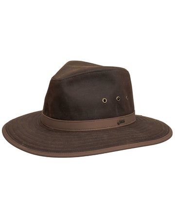 Madison River | Oilskin Hats by Outback Trading Company Adjustable Curved Brim Hat With Leather Lining, Adjustable Hat With Leather Lining And Curved Brim, Curved Brim Leather Hat With Leather Backing, Brown Leather Wide Brim Hat, Brown Leather Fedora Hat, Leather Wide Brim Hat With Leather Sweatband, Rugged Brown Travel Hat, Rugged Brown Hat For Travel, Country Style Leather Hat With Curved Brim